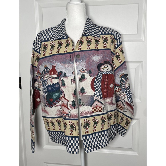 Willow Ridge Vintage Christmas Jacket Knit Tapestry Snowman Candy Cane Size L - Picture 11 of 11